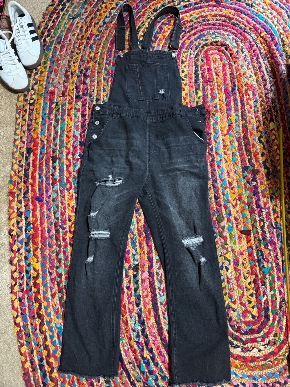 Black Distressed Denim Overalls